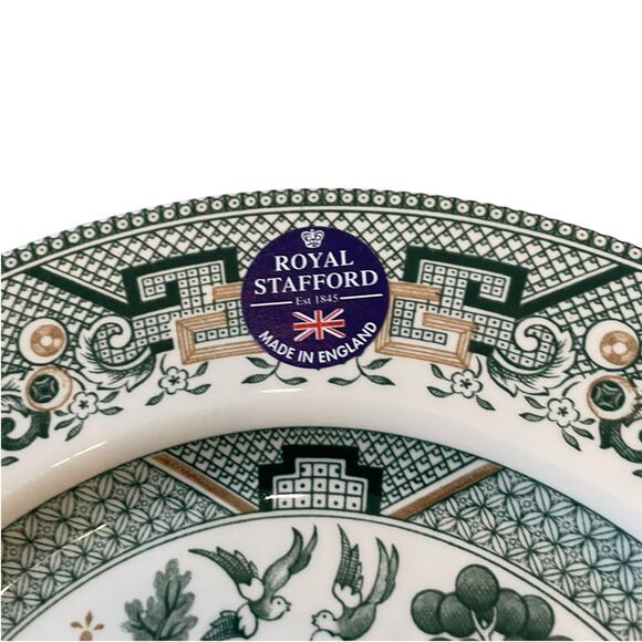 Royal Stafford Dinner Plates 11in Green & Gold Willow Pagoda Set of 4 New - Picture 9 of 16